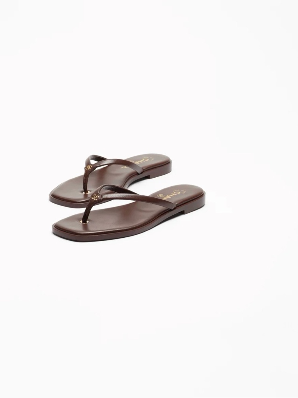 CHANEL Brown Leather T-Strap Logo Flip Sandals